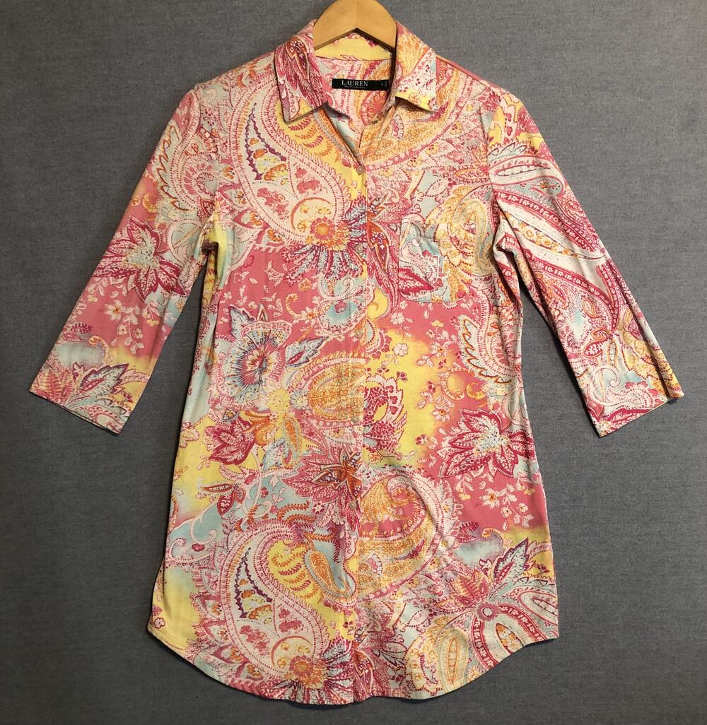 Lauren Ralph Lauren Tunic Top Womens Small Paisley Pink 3/4 Sleeve Retro Blouse